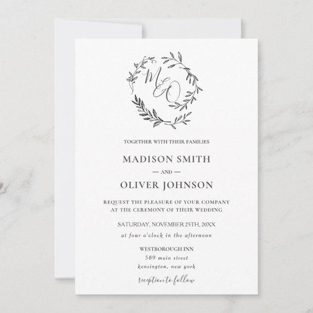Minimalistische Mongram Laurel Wreath Moderne Hoch Einladung (Vorderseite)