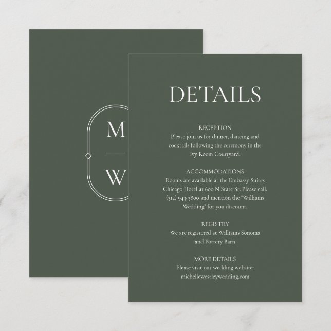 Minimalistische Mongram Moss Green Wedding Details Begleitkarte (Vorne/Hinten)