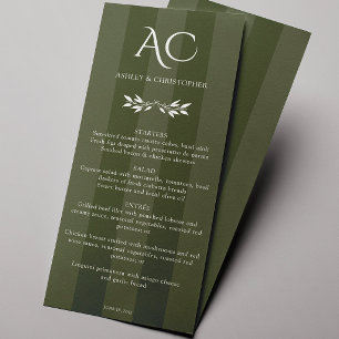 Minimalistische Mongram Striped Olive Green Weddin Menükarte