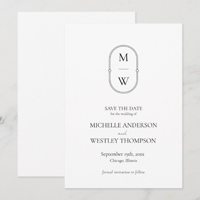 Minimalistische Monogram Black & White Wedding Save The Date (Vorne/Hinten)