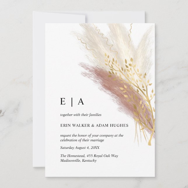 Minimalistische Monogram Boho Pink Gold Pampas Gra Einladung (Vorderseite)