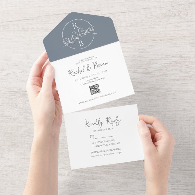 Minimalistische Monogram Dusty Blue Wedding All In One Einladung (Abreißen)