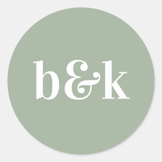 Minimalistische Monogram Initials Sage Green Weddi Runder Aufkleber (Vorderseite)