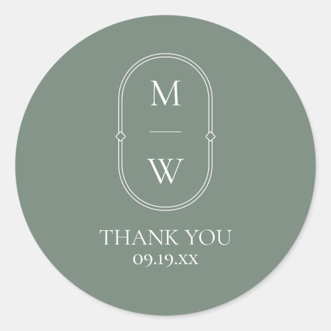 Minimalistische Monogram Sage Green Wedding Danke Runder Aufkleber (Vorderseite)