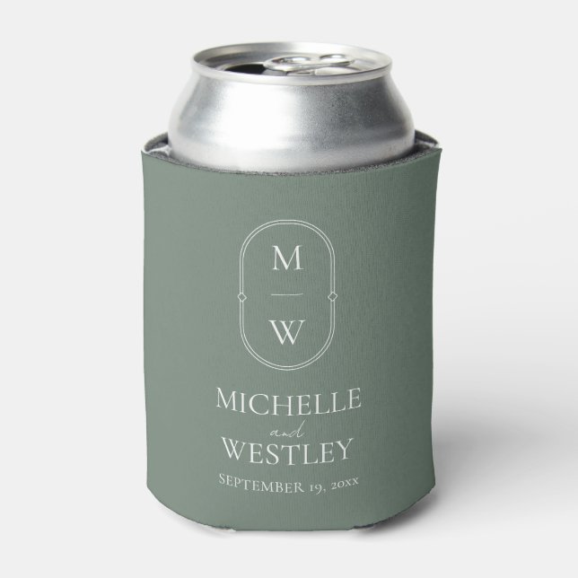Minimalistische Monogram Sage Green Wedding Dosenkühler (Kanne Vorderseite)