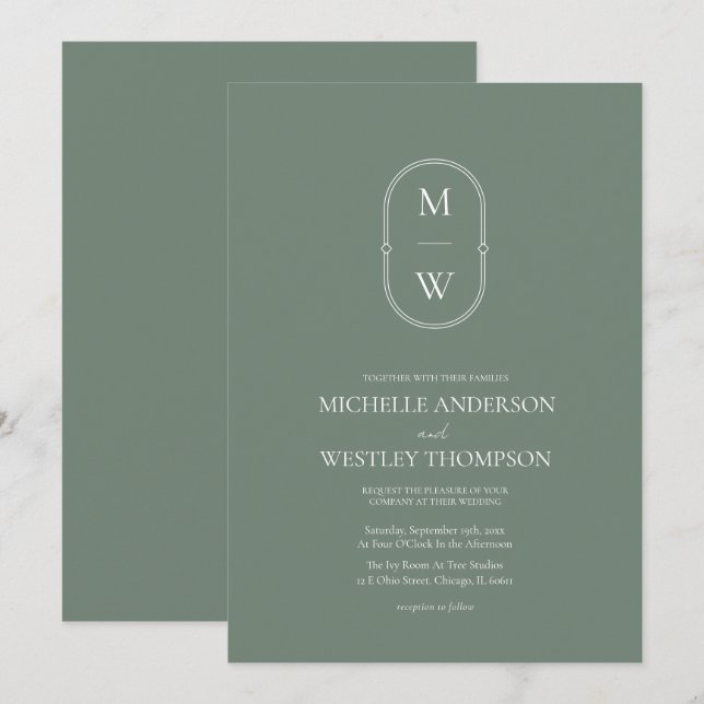 Minimalistische Monogram Sage Green Wedding Einladung (Vorne/Hinten)