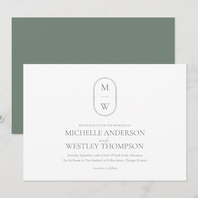 Minimalistische Monogram Sage Green Wedding Einladung (Vorne/Hinten)