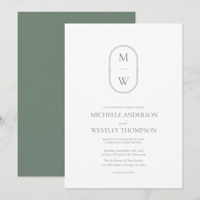 Minimalistische Monogram Sage Green Wedding Einladung (Vorne/Hinten)
