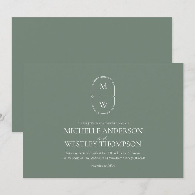 Minimalistische Monogram Sage Green Wedding Einladung (Vorne/Hinten)