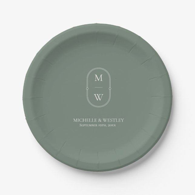 Minimalistische Monogram Sage Green Wedding Pappteller (Vorderseite)