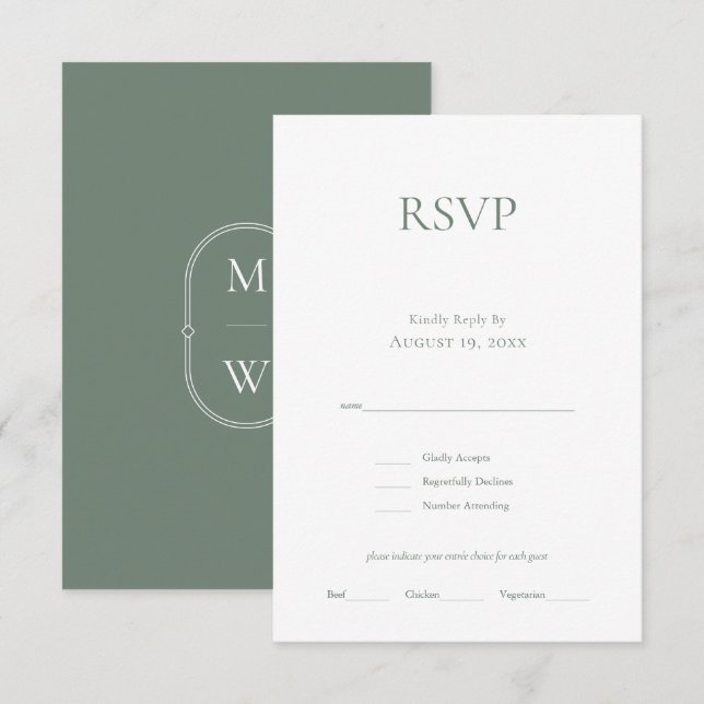 Minimalistische Monogram Sage Green Wedding RSVP C (Vorne/Hinten)