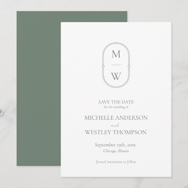 Minimalistische Monogram Sage Green Wedding Save The Date (Vorne/Hinten)