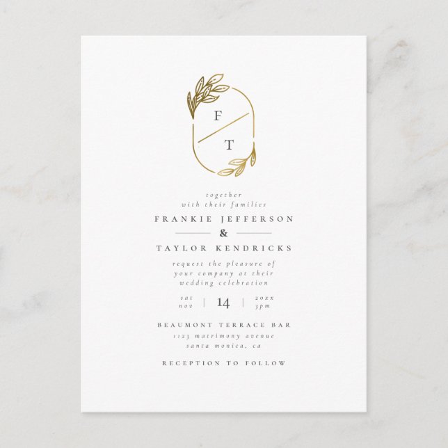 Minimalistische Monogramm | Gold Wreath Wedding Fo Einladungspostkarte (Vorderseite)