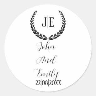 Minimalistische monogramm-Hochzeit in Schwarz-Weiß Runder Aufkleber