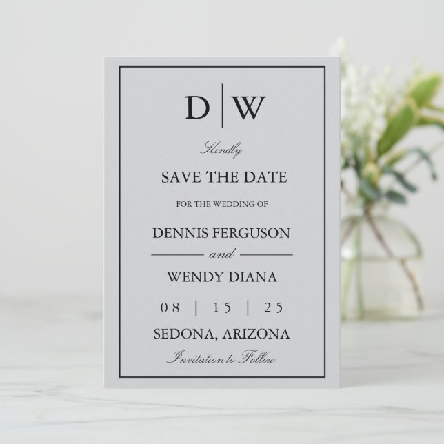 Minimalistische Monogramm-Hochzeit Save The Date (Stehend Vorderseite)