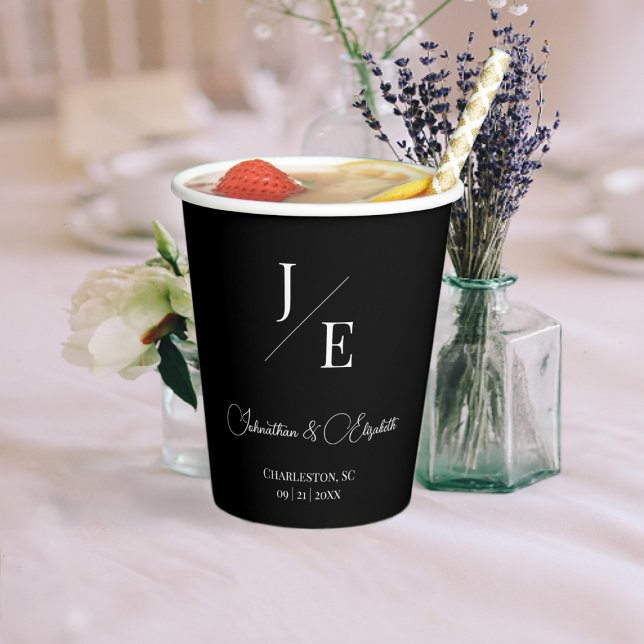Minimalistische Monogramm-Hochzeit | Schwarz Pappbecher (Black Minimalist Monogram Wedding Paper Cups)