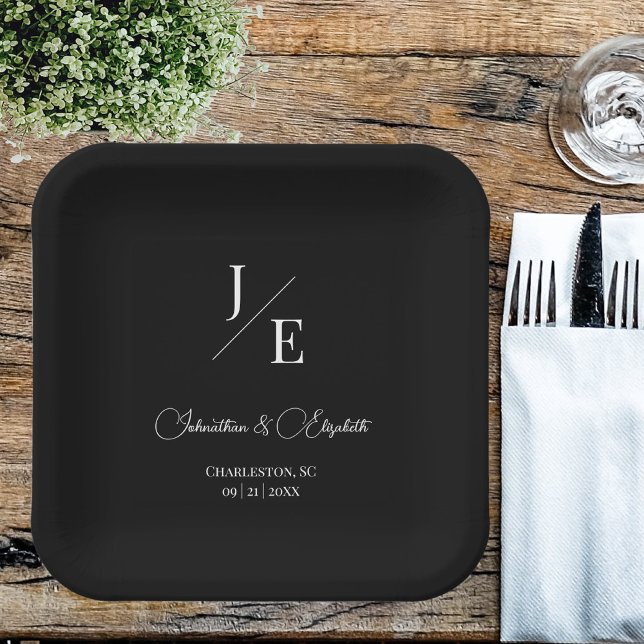 Minimalistische Monogramm-Hochzeit | Schwarz Pappteller (Black Minimalist Monogram Wedding Paper Plates)