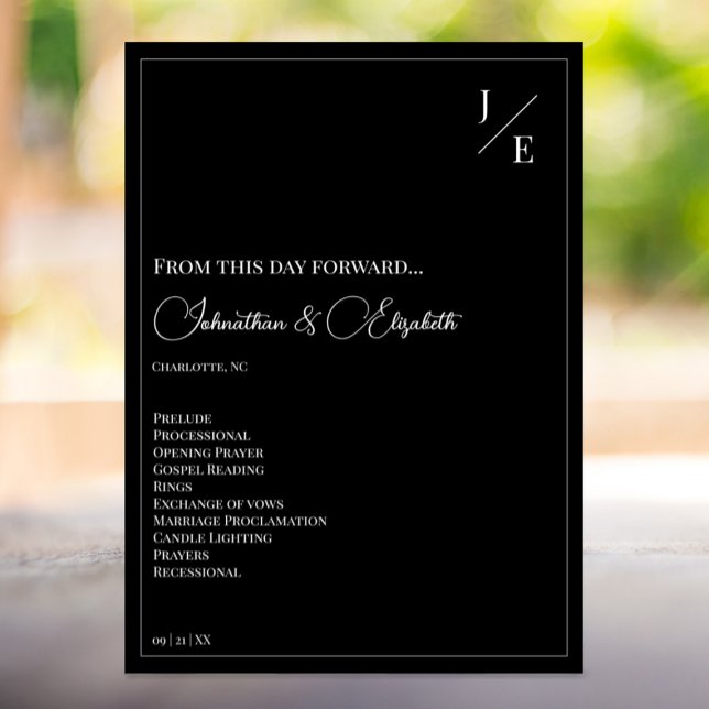 Minimalistische Monogramm-Hochzeit | Schwarz Programm (Minimalist Monogram Wedding Program | Black)