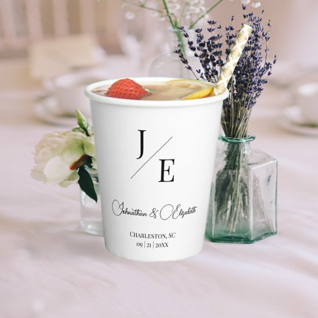 Minimalistische Monogramm-Hochzeit | Weiß Pappbecher (Minimalist Monogram Wedding Paper Cups | White)
