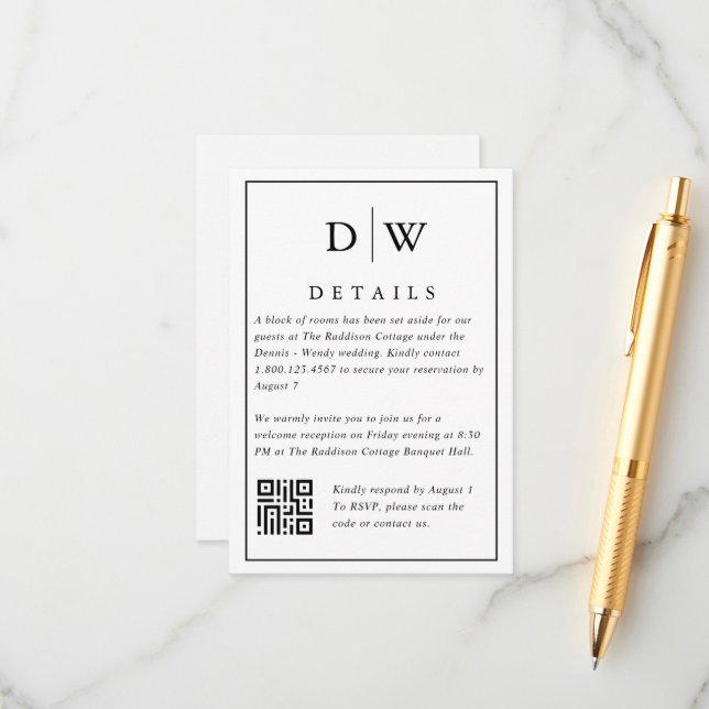 Minimalistische Monogramm-Hochzeits-QR-Code-Beilag Begleitkarte (Vorderseite/Rückseite Beispiel)