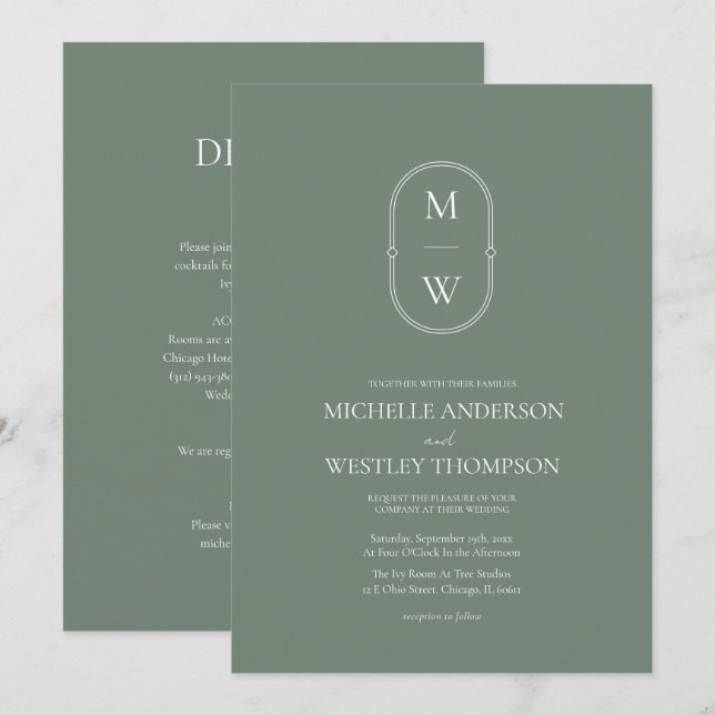 Minimalistische Monogramm-Sage Green All in One We Einladung (Vorne/Hinten)