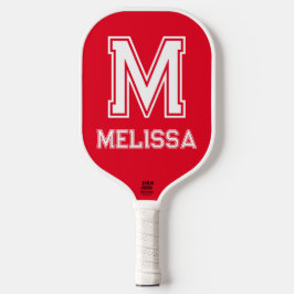 Minimalistische Monogramme in Weiß und Rot Pickleball Schläger