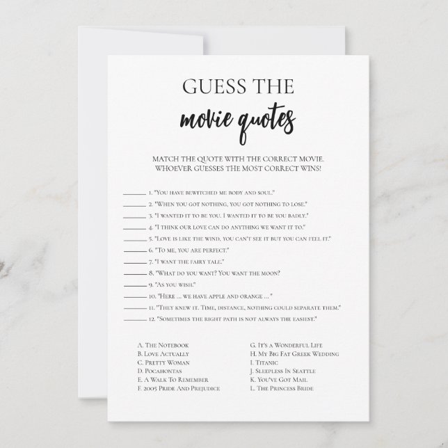 Minimalistische Movie Quotes Brautparty Game Card Einladung (Vorderseite)
