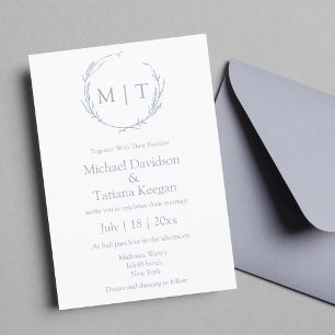 Minimalistische natürliche Monogramm Hochzeit blau Einladung