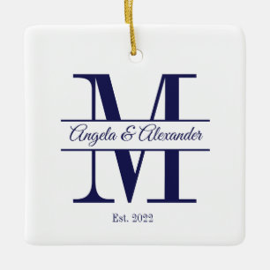 Minimalistische Navy-Blau-Hochzeit geteiltes Monog Keramikornament