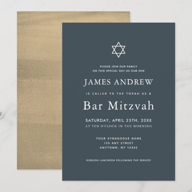 Minimalistische Navy Blue & Gold Bar Mitzvah Einladung (Vorne/Hinten)