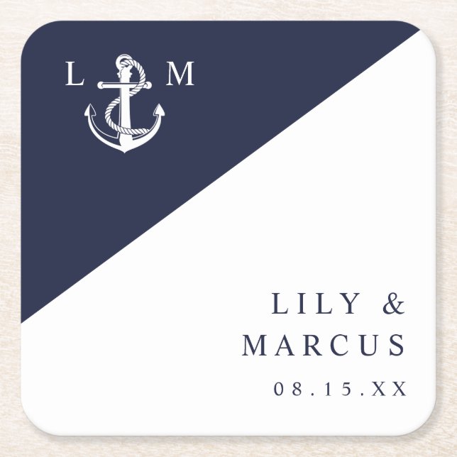 Minimalistische Navy Blue Nautical Monogram Weddin Rechteckiger Pappuntersetzer (Vorderseite)