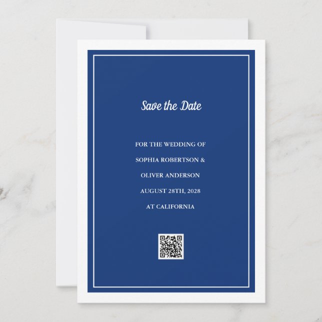 Minimalistische Navy Blue QR-Code Save the Date-Ka Save The Date (Vorderseite)