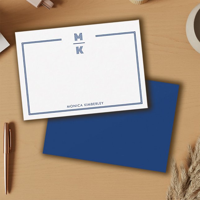 Minimalistische Navy Blue Two Border Monogram Note Mitteilungskarte (Minimalist Navy Blue Two Border Monogram Note Card)