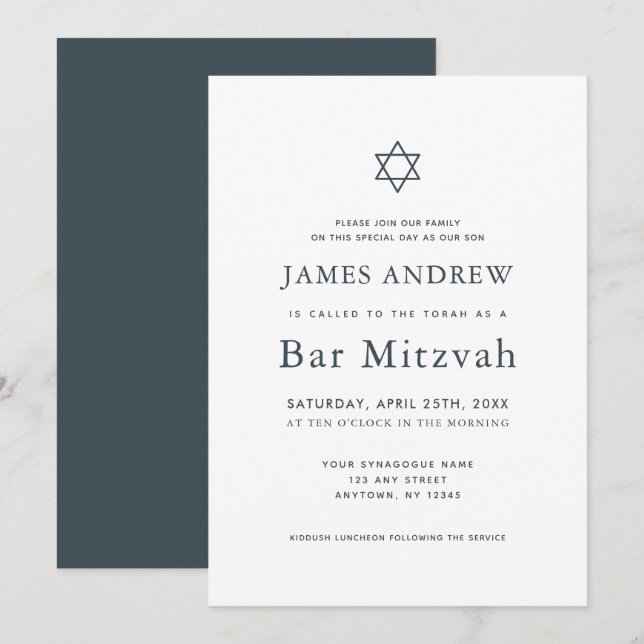 Minimalistische Navy Blue & White Bar Mitzvah Einladung (Vorne/Hinten)