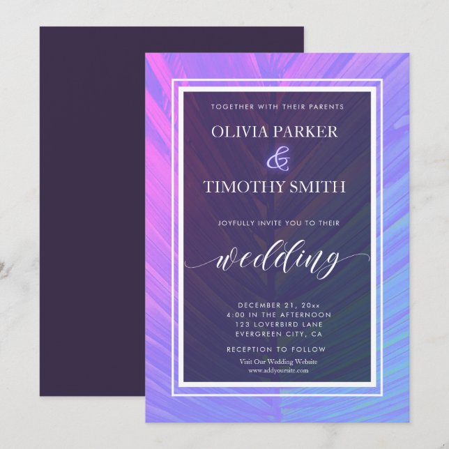Minimalistische Neon Tropical Palm Wedding Einladung (Vorne/Hinten)