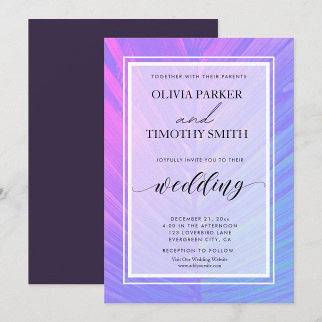 Minimalistische Neon Tropical Palm Wedding Einladung (Vorne/Hinten)