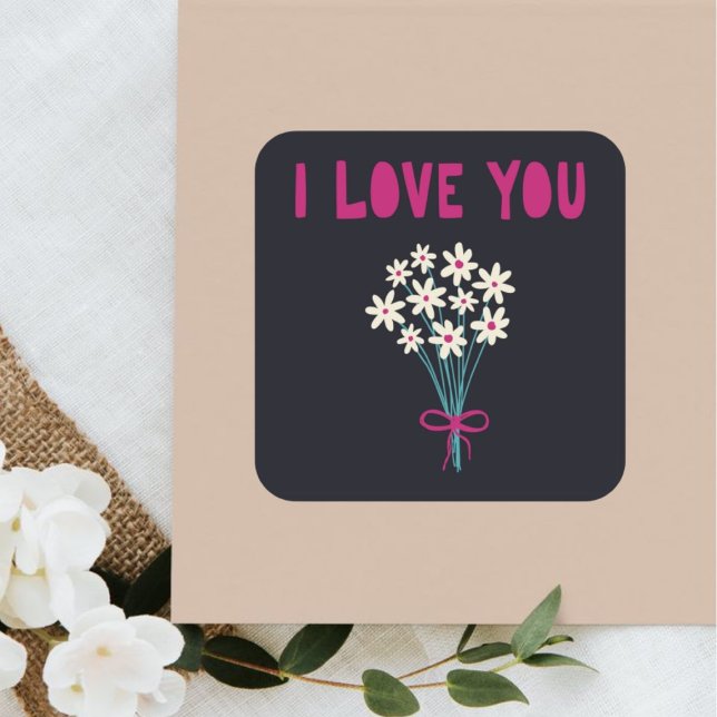 Minimalistische Niedliche Blume I Liebe Mama  Mütt Quadratischer Aufkleber (Von Creator hochgeladen)