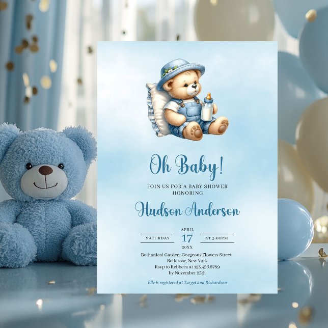 Minimalistische niedliche Teddybär Babydusche Einladung (minimalist boy baby shower invitation with cute teddy bear)