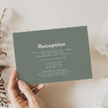 Minimalistische offizielle Grüne Hochzeitsempfehlu Begleitkarte<br><div class="desc">Diese minimalistisch grüne Hochzeitskarte ist perfekt für eine rustikale Hochzeit. Das Design besticht durch einen schönen Schriftart in grüner Umgebung,  der Ihre Veranstaltung verzieren wird.</div>