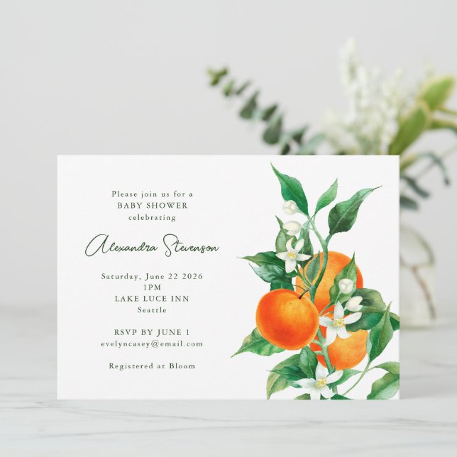 Minimalistische Orange Frucht Botanical Baby Dusch Einladung (Stehend Vorderseite)