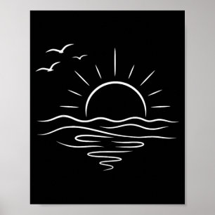 Minimalistische Ozean-Sonnenuntergangs-Linienkunst Poster