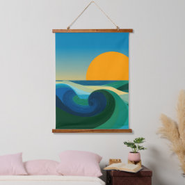 Minimalistische Ozeanwellen-Sonnenuntergangs-Wandt Wandteppich Mit Holzrahmen