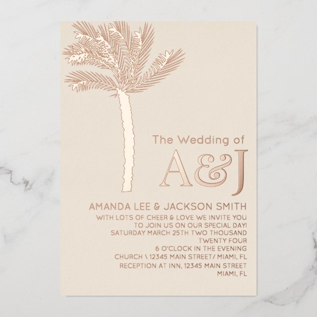 Minimalistische Palm Tree Rose Gold Beige Hochzeit Folieneinladung (Vorderseite)