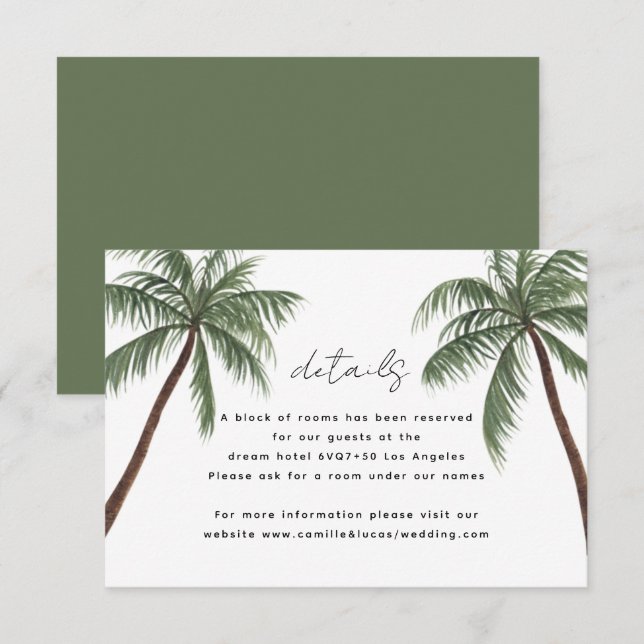 Minimalistische Palmen Hochzeitsdetails RSVP Karte (Vorne/Hinten)