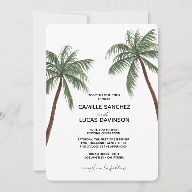 Minimalistische Palmenbaumhochzeit Einladung (Vorderseite)