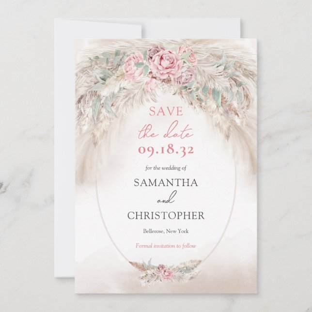 Minimalistische Pampen und staubige Rose grün Save The Date (Vorderseite)