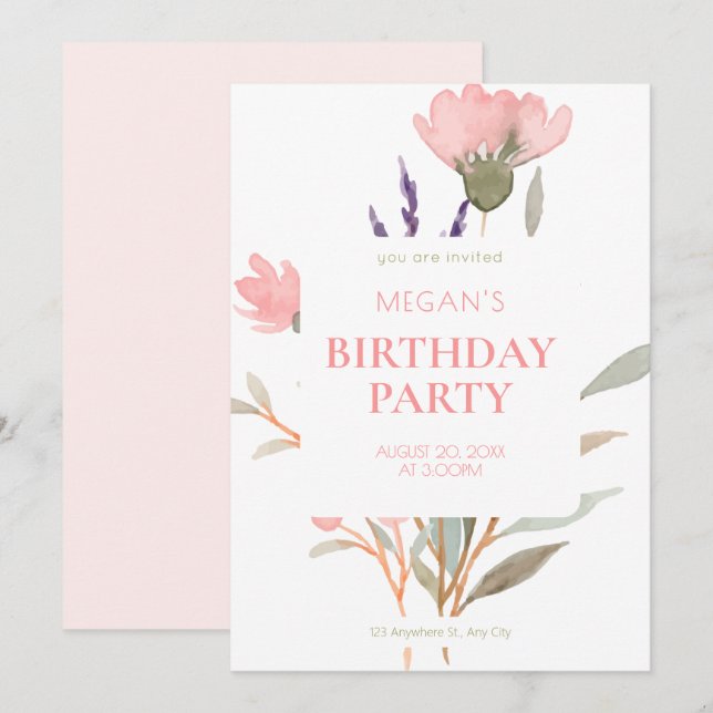 Minimalistische Pastell Floral Wasserfarbe Geburts Einladung (Vorne/Hinten)
