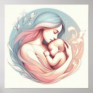 Minimalistische Pastellkunst von Mama mit Baby Poster