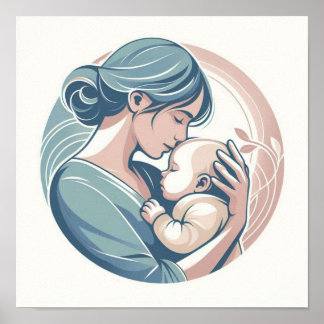 Minimalistische Pastellkunst von Mama mit Baby Poster
