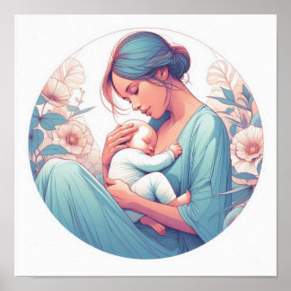 Minimalistische Pastellkunst von Mama mit Baby Poster